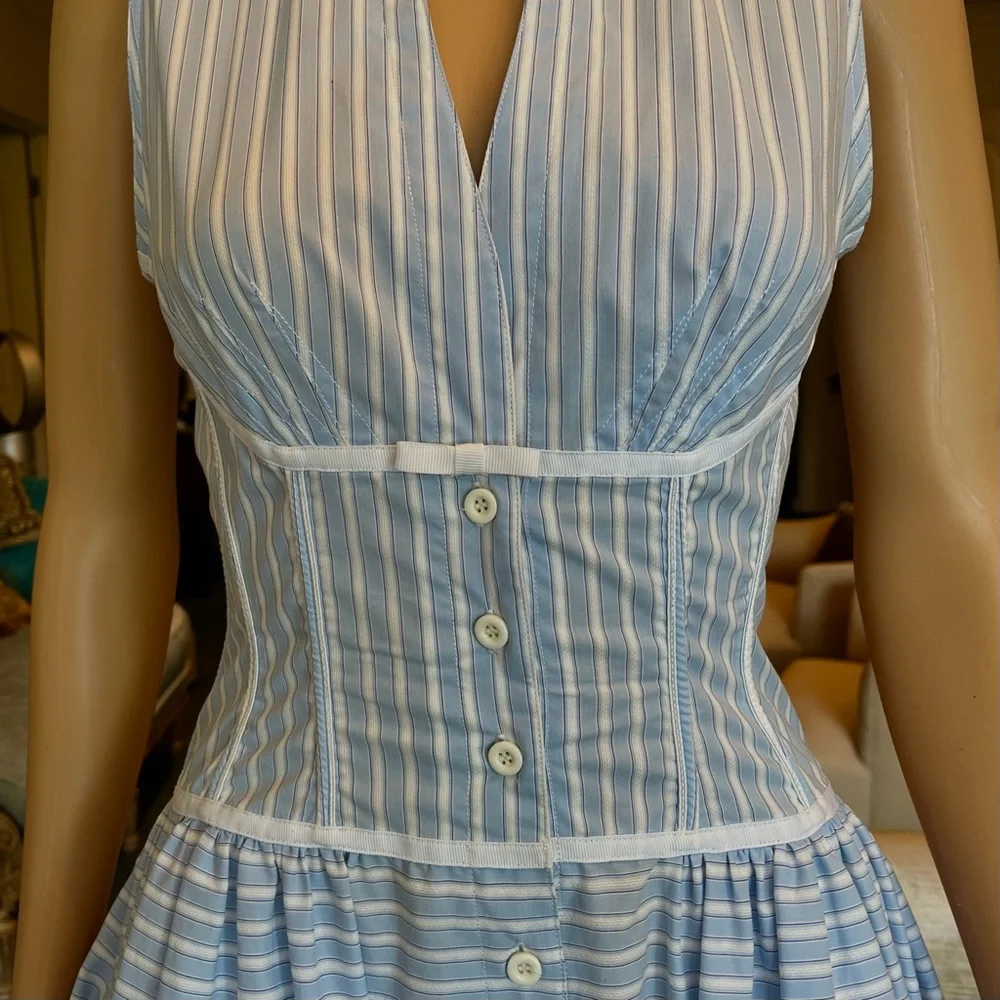Byron Lars Beauty Mark Blue & White Striped Collared Sleeves Dress w/ Bow Detail - Picture 3 of 7